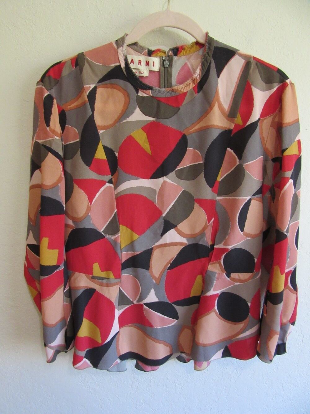 MARNI Multicolor Abstract Geometric 44 Viscose Mock Neck Peplum Hem Blouse